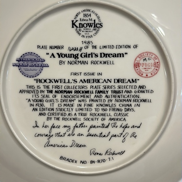 NORMAN ROCKWELL Knowles “A Young Girl’s Dream” Vintage Collector Plate 8.5” - Picture 6 of 6